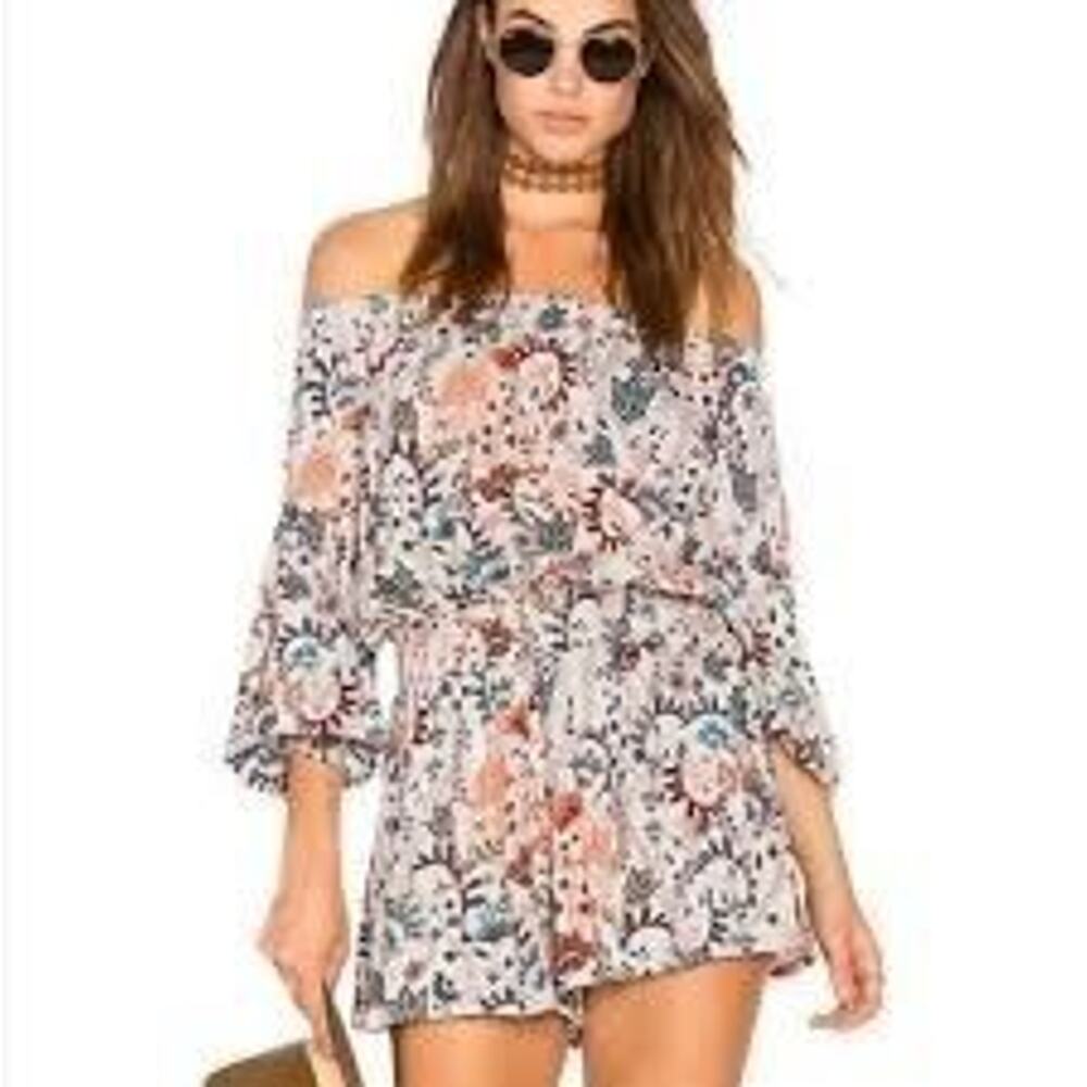 Free People Floral Off-Shoulder Romper in Blush and Teal